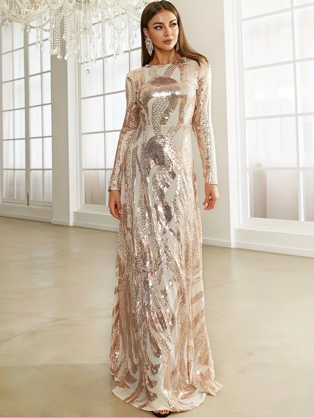 Sequin Long Sleeve Evening Gown in Rose Gold